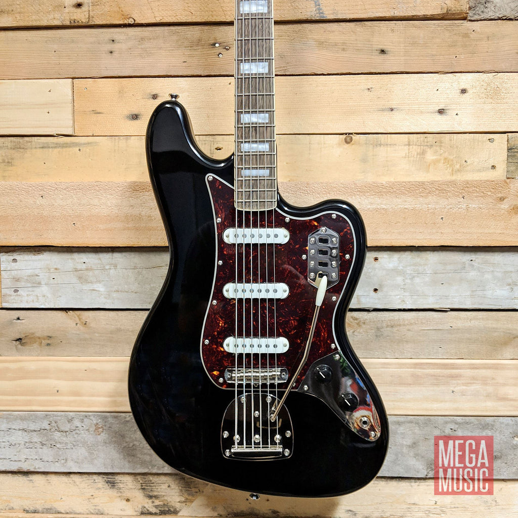 Black Squier Classic Vibe Bass VI guitar with laurel fretboard showing the body and neck detail.