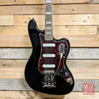 Black Squier Classic Vibe Bass VI guitar with laurel fretboard showing the body and neck detail.