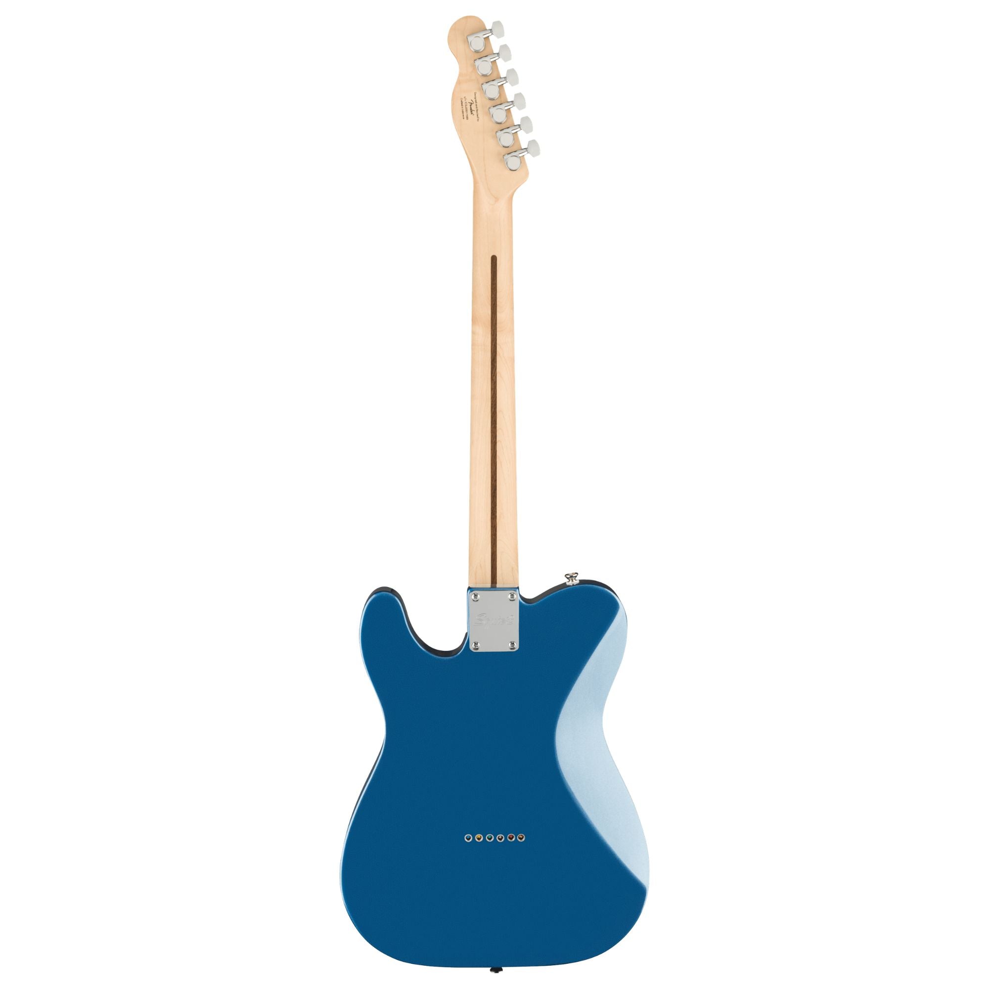 Squier Affinity Telecaster electric guitar with white pickguard and Lake Placid Blue finish, showing the guitar's body and pickguard.