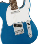 Squier Affinity Telecaster electric guitar with white pickguard and Lake Placid Blue finish, showcasing the body and pickguard details.