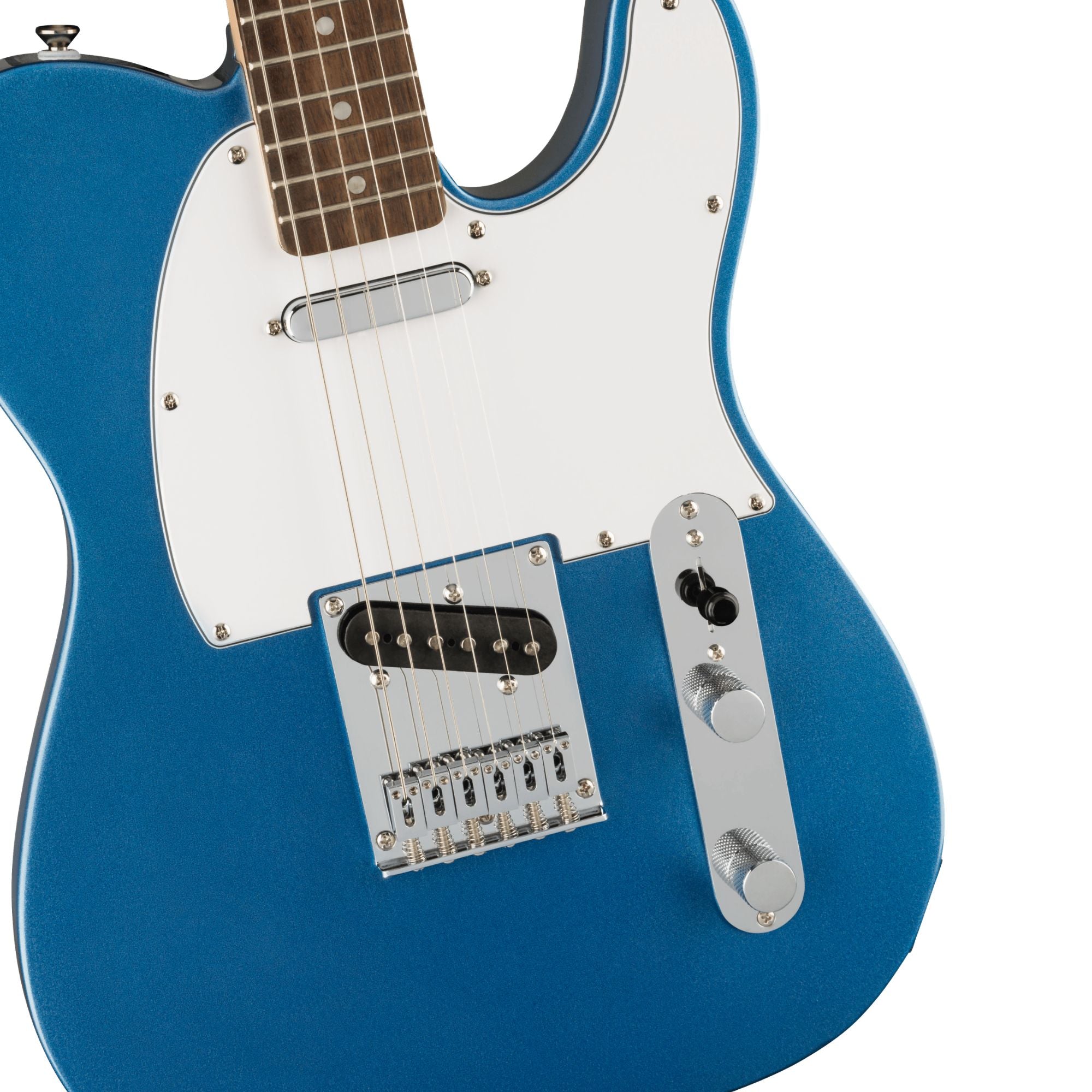 Squier Affinity Telecaster electric guitar with white pickguard and Lake Placid Blue finish, showcasing the body and pickguard details.