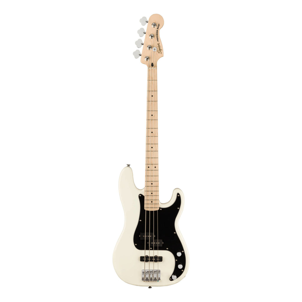 Squier Affinity PJ bass guitar with black pickguard and Olympic White finish, featuring a classic electric bass design.