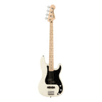 Squier Affinity PJ bass guitar with black pickguard and Olympic White finish, featuring a classic electric bass design.
