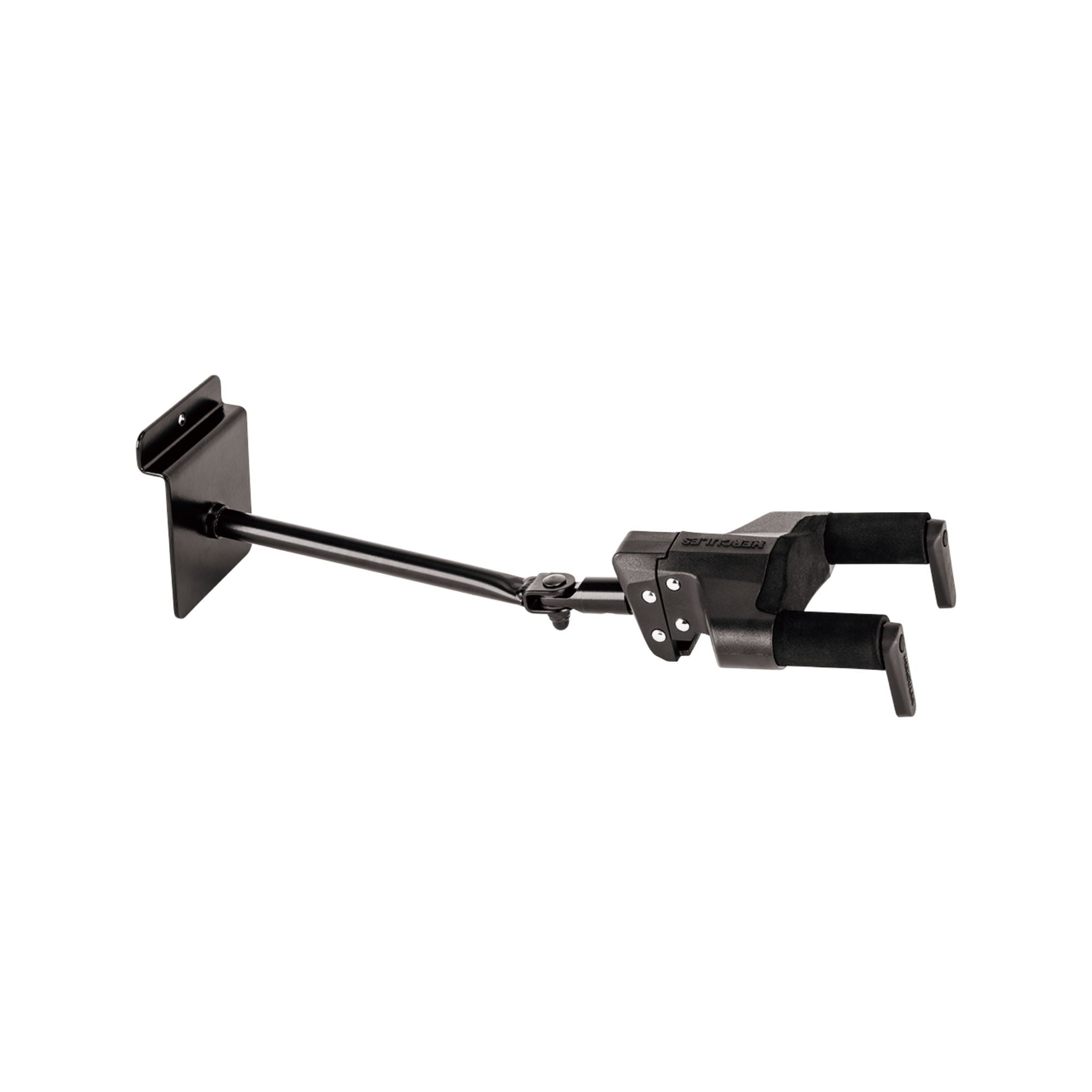 Hercules GSP40SB shop mount guitar hanger holding a guitar, wall-mounted rack with padded support for secure instrument storage