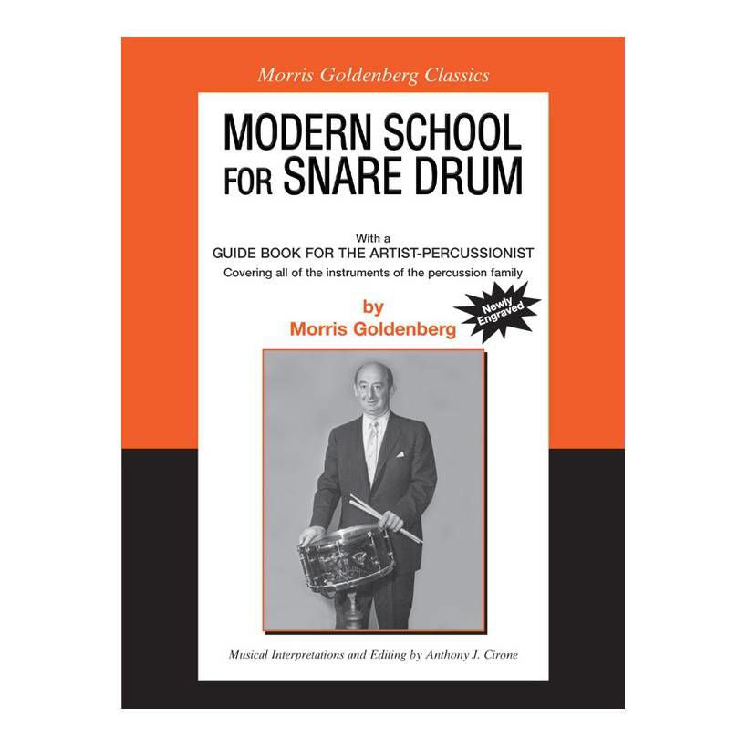 Open page from Modern School for Snare Drum book by Morris Goldenberg, showcasing drum notation and instructional content.