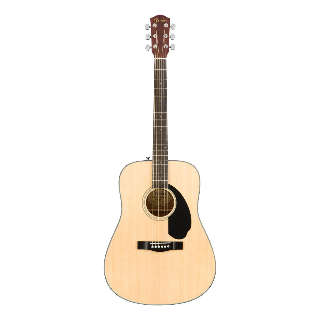 Fender CD-60S dreadnought acoustic guitar in natural finish with a spruce top and mahogany back and sides, shown resting on a stand.