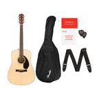 Fender CD-60S dreadnought acoustic guitar in natural finish with included accessories in a package.