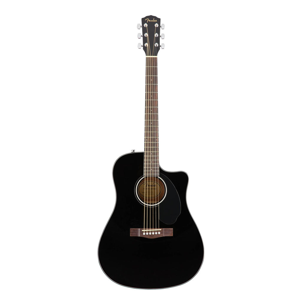 Fender CD-60SCE dreadnought acoustic guitar with black finish and walnut fretboard, showcasing the body and neck details.