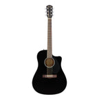 Fender CD-60SCE dreadnought acoustic guitar with black finish and walnut fretboard, showcasing the body and neck details.