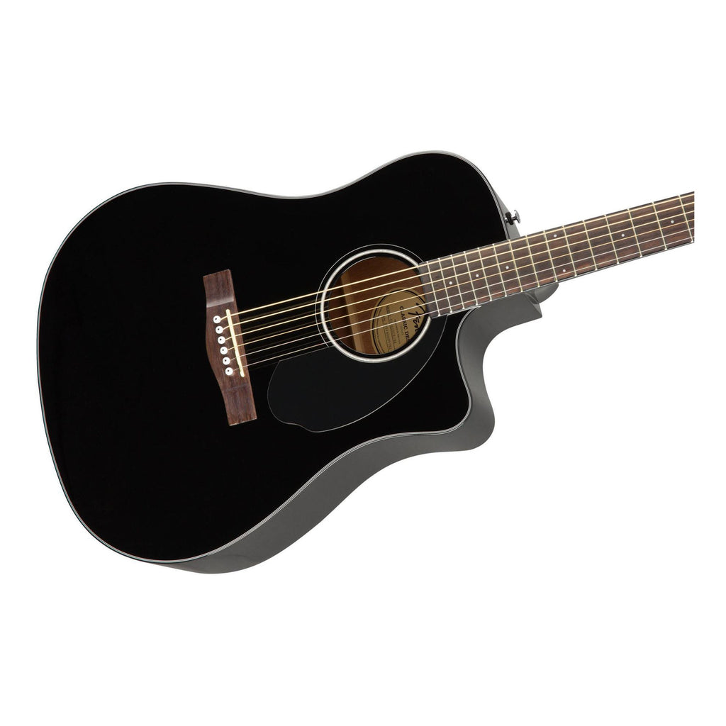 Fender CD-60SCE dreadnought acoustic guitar with black body and walnut fretboard, showcasing its sleek design and cutaway body style.