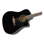 Fender CD-60SCE dreadnought acoustic guitar with black body and walnut fretboard, showcasing its sleek design and cutaway body style.