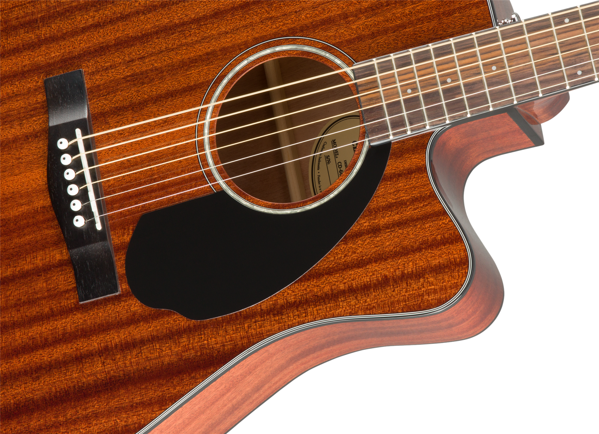 Fender CD-60SCE dreadnought acoustic guitar with mahogany body and walnut fingerboard, showcasing its all-mahogany finish and built-in electronics.