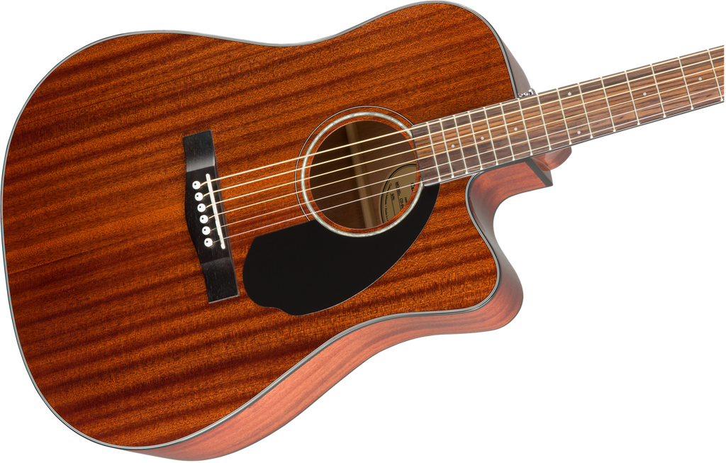 Fender CD-60SCE dreadnought acoustic guitar with all-mahogany body and walnut fingerboard, showcasing its natural wood finish.