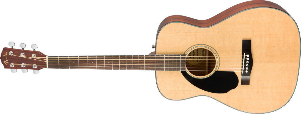 Left-handed Fender CD-60S acoustic guitar with walnut fingerboard in natural finish, showcasing the body and fretboard details.