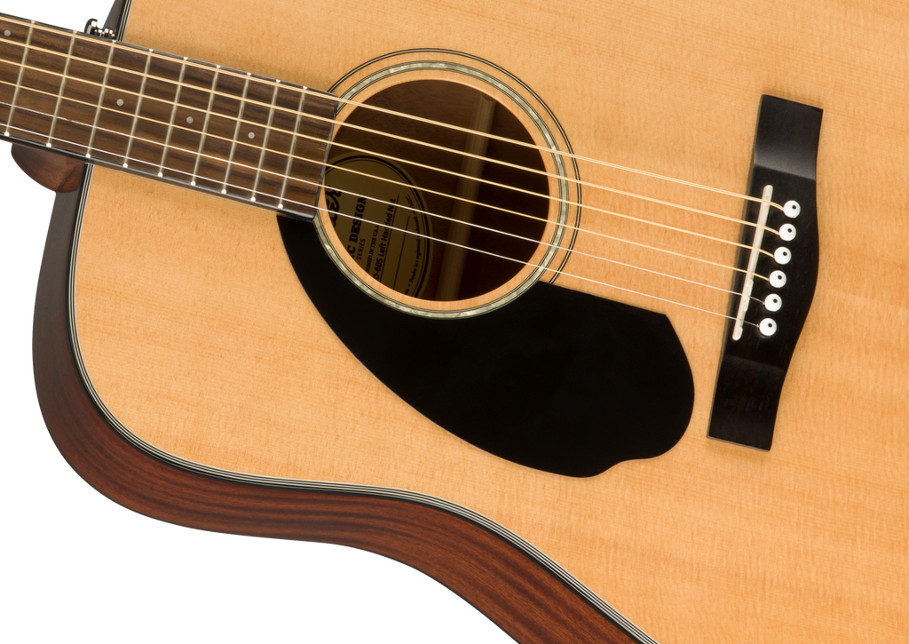 Fender CD-60S left-handed acoustic guitar with walnut fingerboard in natural wood finish, showcasing the full body and neck.