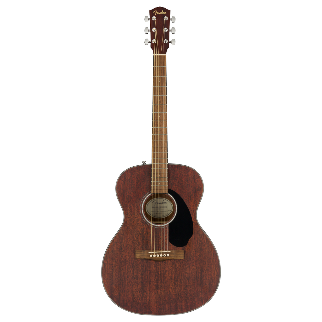 Fender CC 60S Concert Pack V2 all mahogany acoustic guitar with nylon strings and natural finish, shown in a close-up view.