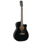 Fender CC-60SCE concert acoustic guitar in black with cutaway body and built-in pickup, showing the wooden body and fretboard.