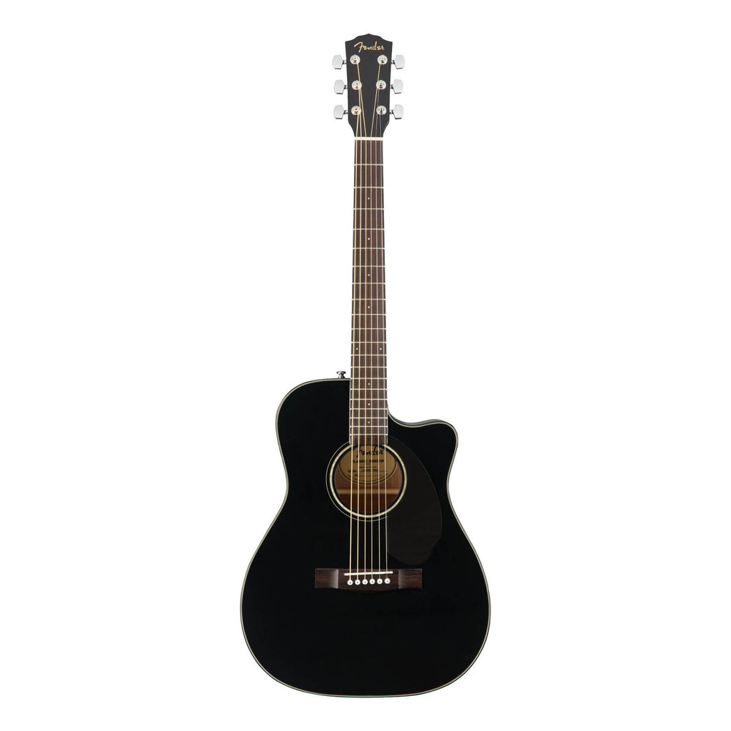 Fender CC-60SCE concert acoustic guitar in black with cutaway body and built-in electronics, showcasing the fretboard and soundhole.
