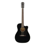 Fender CC-60SCE concert acoustic guitar in black with cutaway body and built-in electronics, showcasing the fretboard and soundhole.