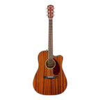 Fender CD-140SCE dreadnought acoustic guitar with mahogany body, walnut fingerboard, and included case, shown in natural wood finish.