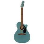 Fender Newporter Player acoustic guitar with black pickguard in tidepool finish, showcasing a sleek body and fretboard detail.