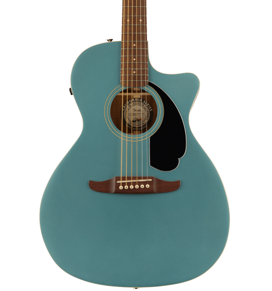 Fender Newporter Player acoustic guitar with black pickguard in Tidepool color, featuring a wooden body and steel strings.