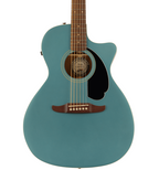 Fender Newporter Player acoustic guitar with black pickguard in Tidepool color, featuring a wooden body and steel strings.