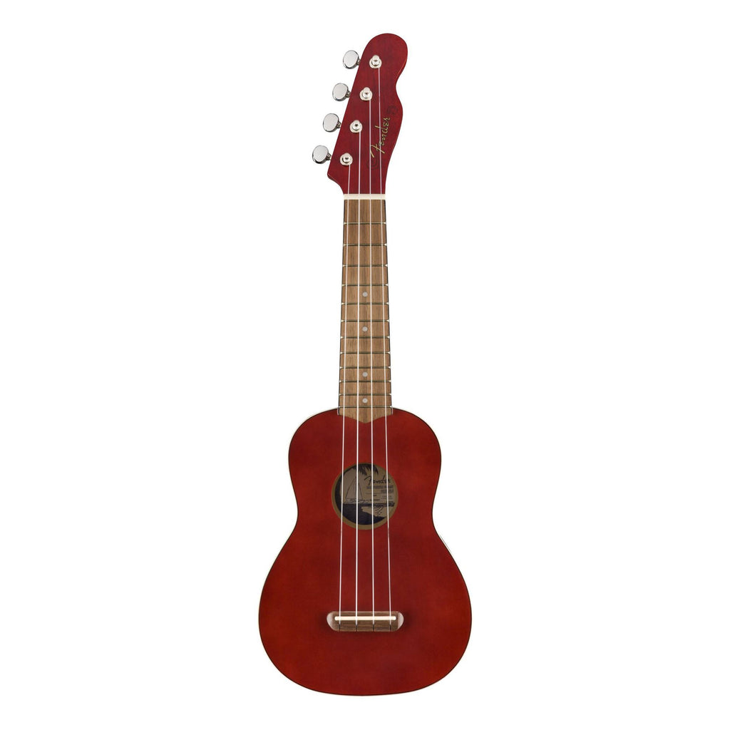 Fender Venice Soprano Ukulele with cherry finish and walnut fingerboard, showcasing its compact body and smooth neck.
