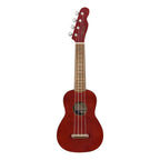 Fender Venice Soprano Ukulele with cherry finish and walnut fingerboard, showcasing its compact body and smooth neck.