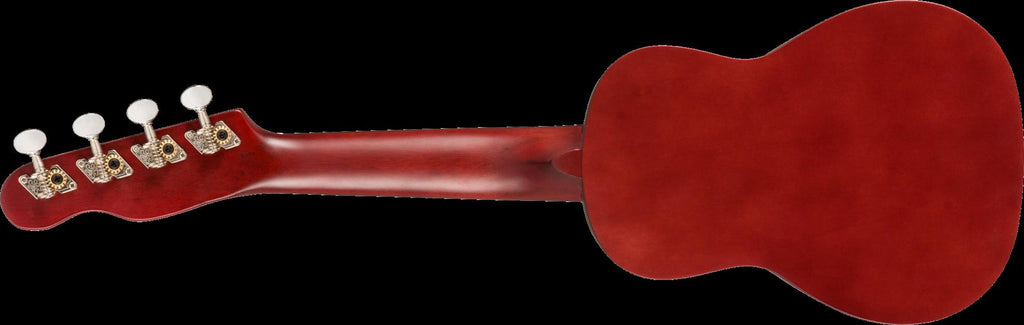 Fender Venice Soprano Ukulele with cherry finish and walnut fingerboard, shown with close-up of body and neck.