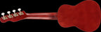 Fender Venice Soprano Ukulele with cherry finish and walnut fingerboard, shown with close-up of body and neck.