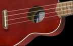 Fender Venice Soprano Ukulele with cherry finish and walnut fingerboard, showcasing the compact ukulele and its wood details.