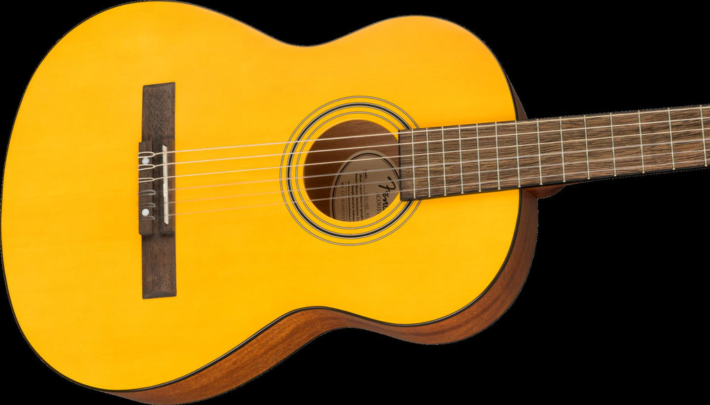 Fender ESC80 classical guitar with nylon strings and wooden body, positioned upright on a stand.
