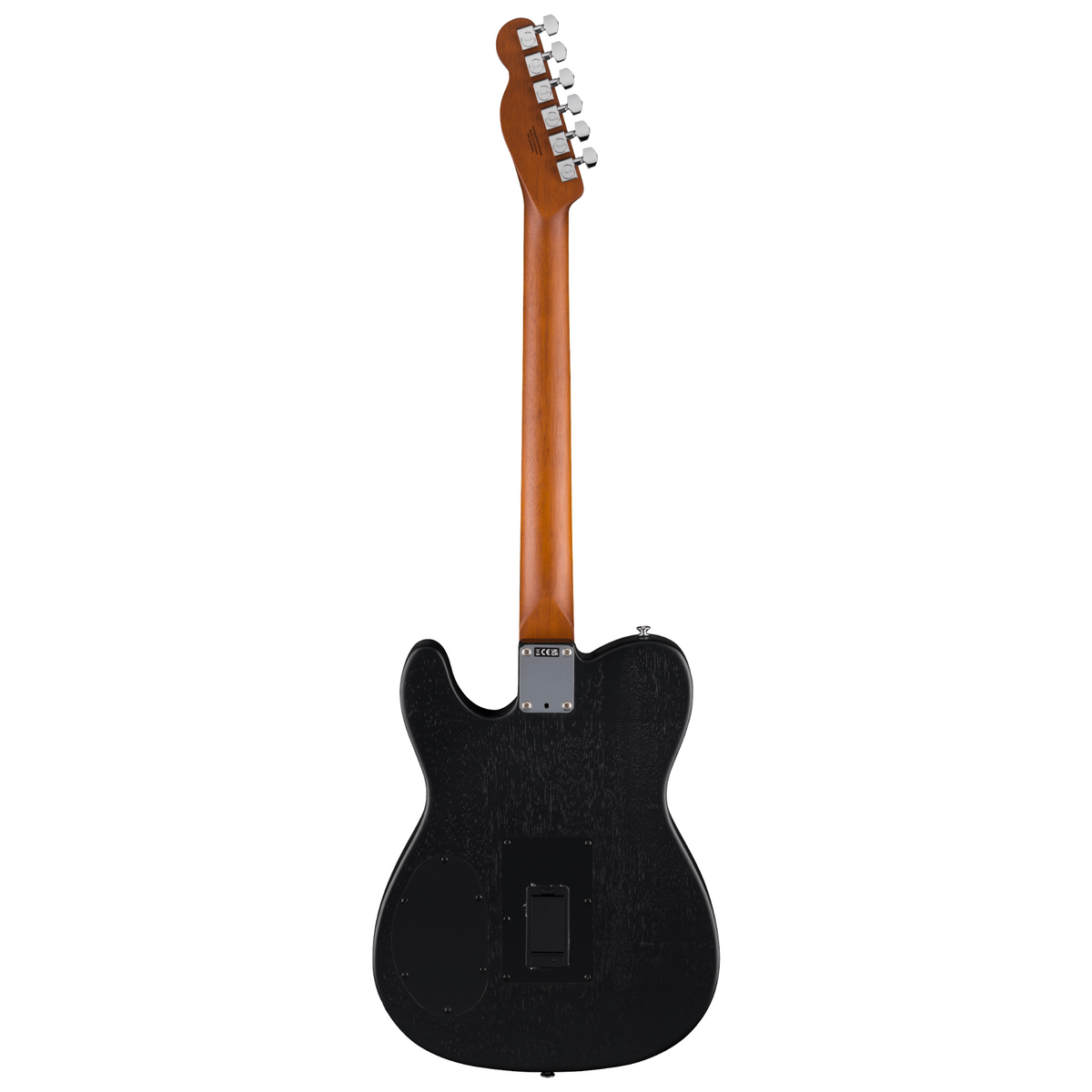 Rear view of Fender Acoustasonic Standard Telecaster acoustic guitar in black, showcasing its body and hardware details.
