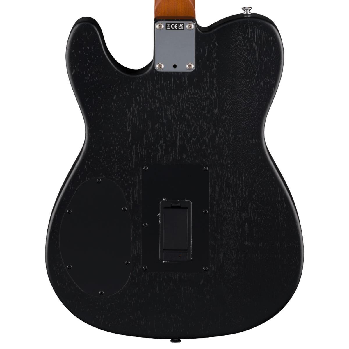 Rear view of Fender Acoustasonic Standard Telecaster Black acoustic guitar showing body and neck details.