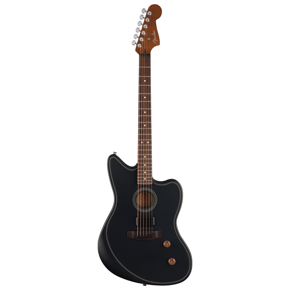 Black Fender Acoustasonic Standard Jazzmaster acoustic guitar with sleek body and detailed fretboard.