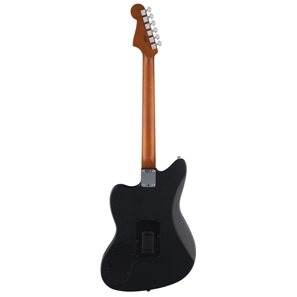 Fender Acoustasonic Standard Jazzmaster acoustic guitar in black with a sleek body and wood neck, showcasing its stylish design.