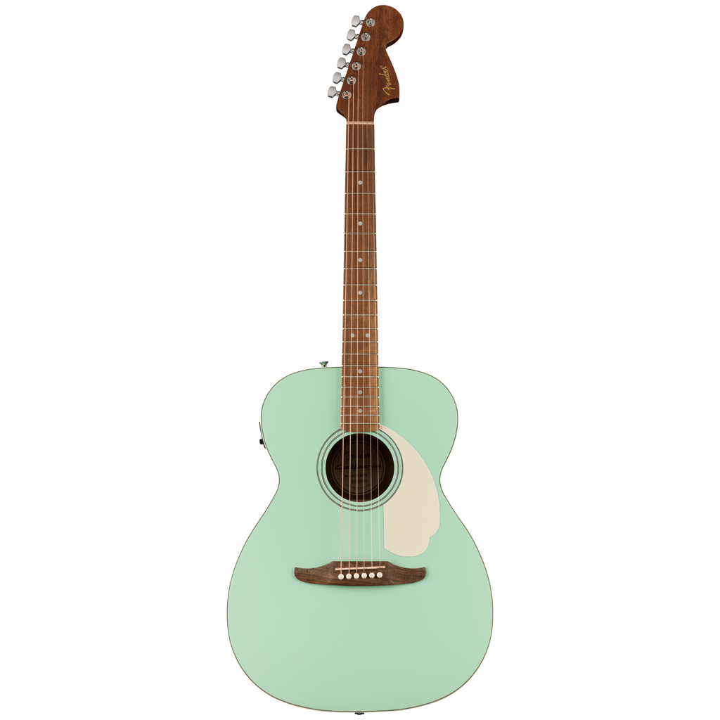 Fender California Standard Monterey acoustic guitar with surf green finish and spruce top, showcasing its body and fretboard.