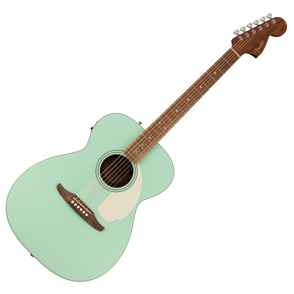 Fender California Standard Monterey acoustic guitar with spruce top and surf green finish, showcasing its body and pickguard.
