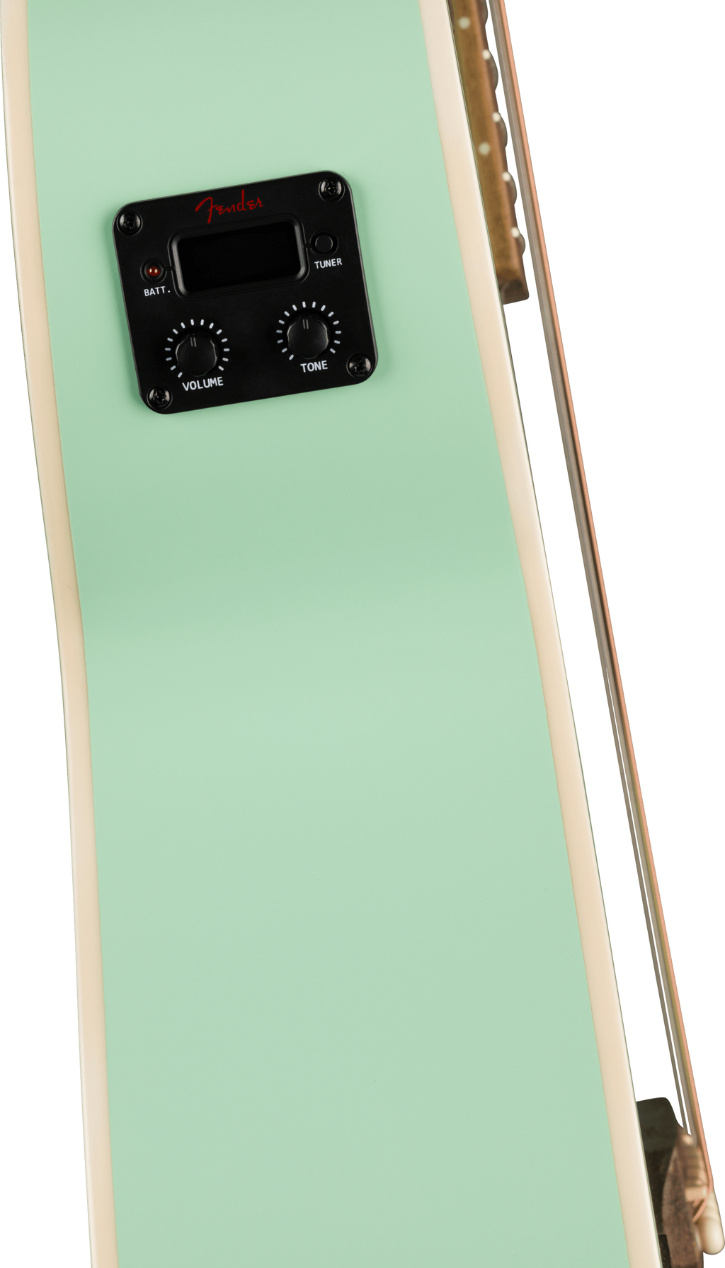 Fender California Standard Monterey acoustic guitar with spruce top in surf green finish, featuring a natural wood body and steel strings.
