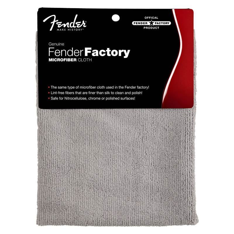 Gray Fender Factory microfiber cloth for guitar cleaning and maintenance, featuring the Fender logo and soft, lint-free fabric.