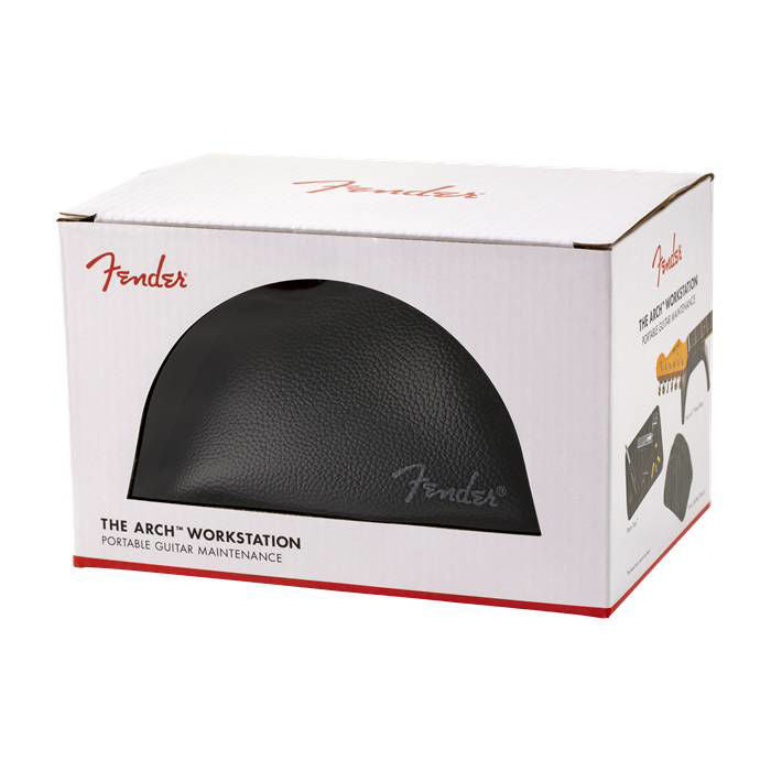 Fender The Arch Guitar Work Station with guitar accessories, featuring a sleek black design and organized storage for guitar tools.