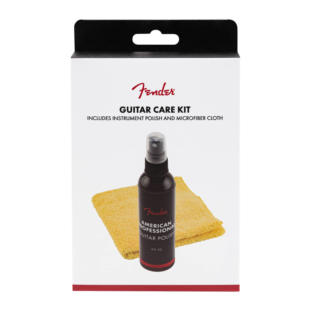 Fender Polish Cloth Care Kit with two microfiber cloths for guitar cleaning and maintenance, branded Fender guitar accessories.