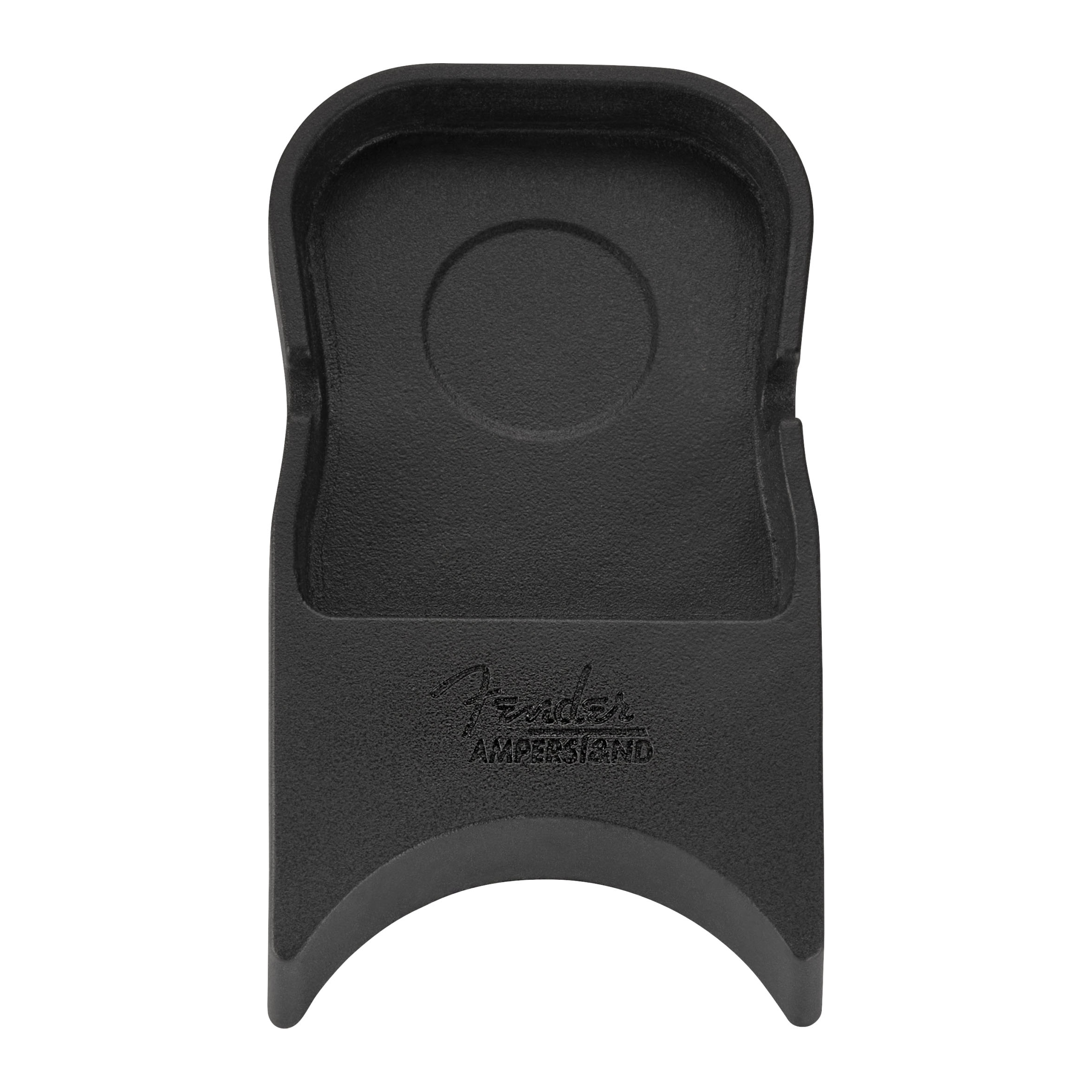 Fender Amperstand™ black guitar cradle holding an electric guitar, designed for secure and stylish instrument support.