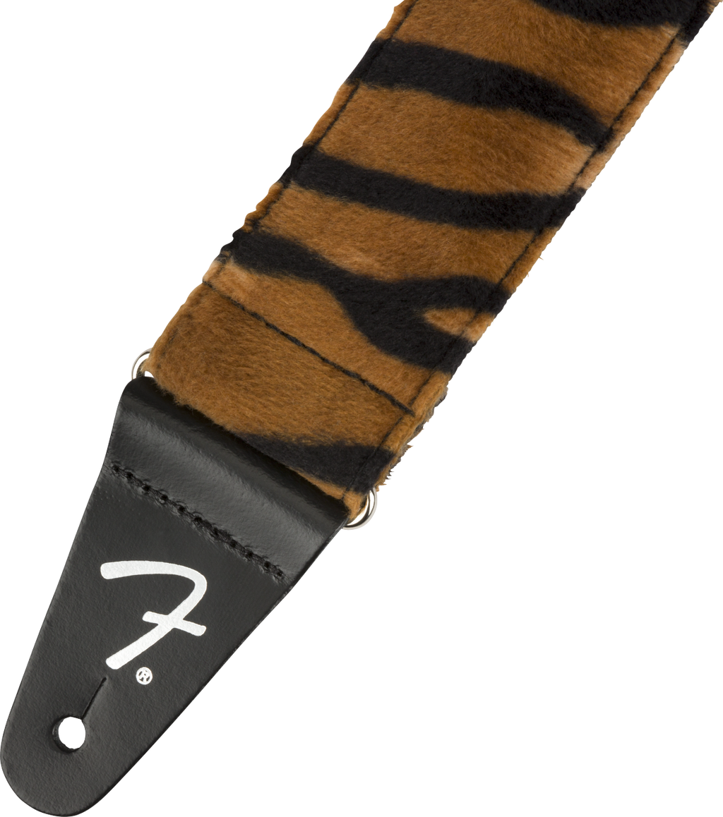 Fender Wild Tiger Print 2-inch guitar strap with bold tiger pattern, adjustable strap for electric or acoustic guitars.