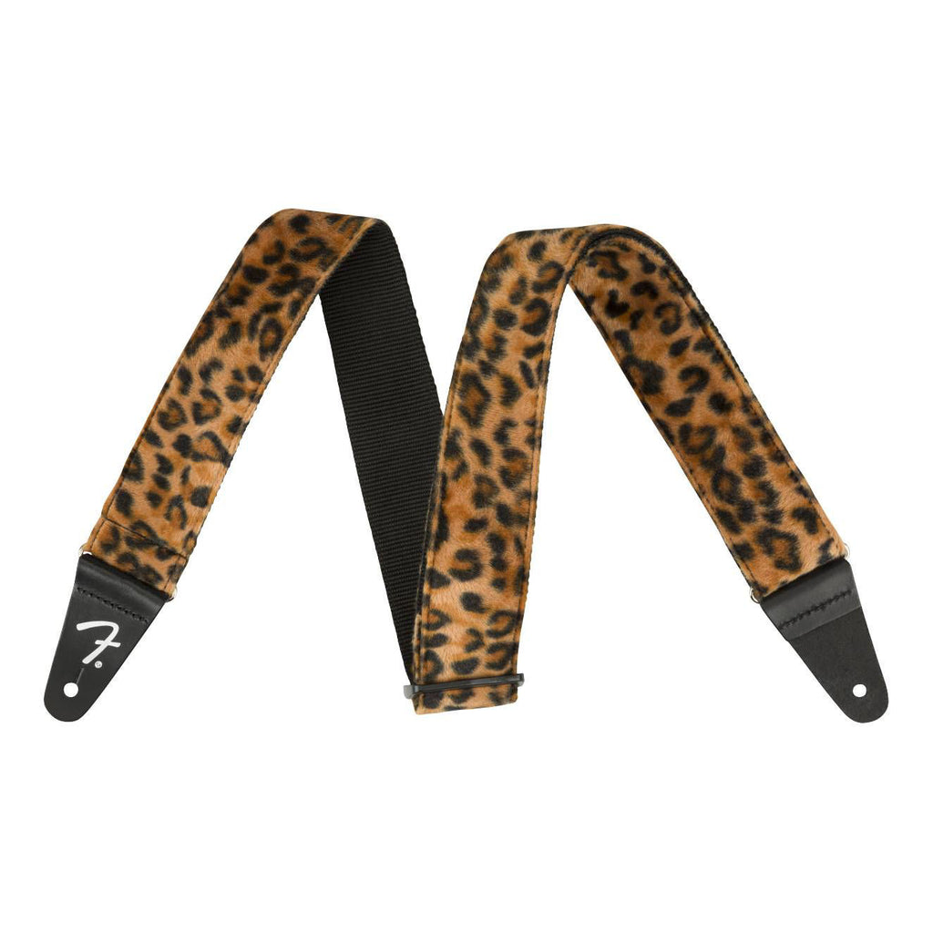 Fender Wild Leopard Print 2-inch guitar strap with bold animal pattern, adjustable for comfortable playing.