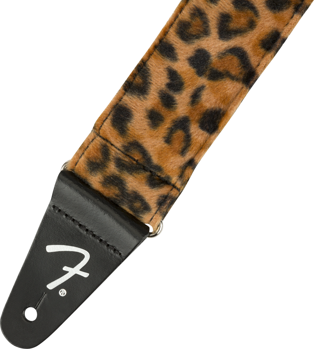 Fender Wild Leopard Print 2-inch guitar strap featuring bold animal print pattern for electric or acoustic guitars