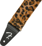 Fender Wild Leopard Print 2-inch guitar strap featuring bold animal print pattern for electric or acoustic guitars