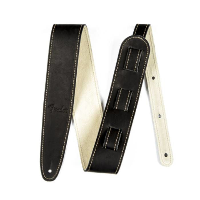 Fender black leather guitar strap with adjustable length, featuring embossed logo and padded design for comfortable playing.