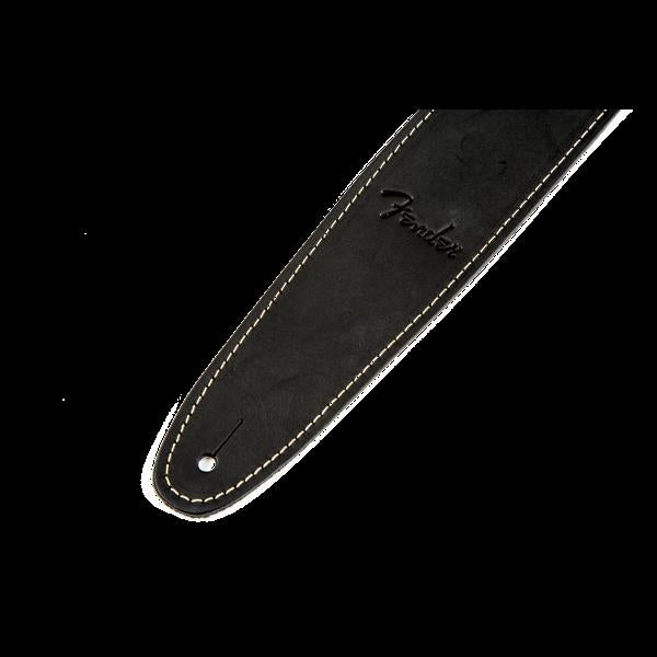 Black Fender leather guitar strap with adjustable length and padded shoulder for comfortable playing.